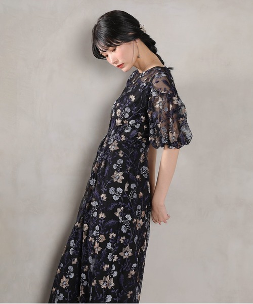 パフスリーブ フラワー刺繍 フェミニン パーティー ドレス マタニティ