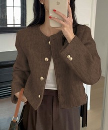 ブラウン　短丈　ジャケット　ノーブランド ノーカラージャケット（ブラウン/茶色系・ショート丈