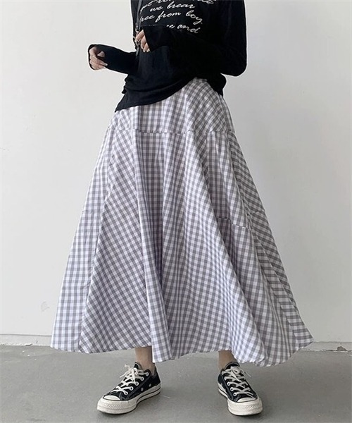 FREE STYLISTS(フリー スタイリスト)の「ギンガムチェック柄フレアシルエットロング丈マキシスカート(スカート・レディース・ブラック/ブラウン/グレー/レッド/ブルー/グリーン・XL/M/L)」の12枚目の写真