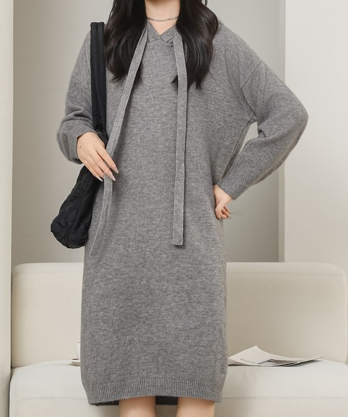 Lace Ladies(レースレディース)の「ソリッドカラー フーデット 長袖 ニット ワンピース(ワンピース・レディース・グレー/ブラック・FREE)」の1枚目の写真