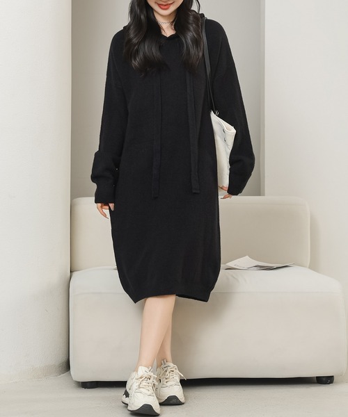 Lace Ladies(レースレディース)の「ソリッドカラー フーデット 長袖 ニット ワンピース(ワンピース・レディース・グレー/ブラック・FREE)」の13枚目の写真