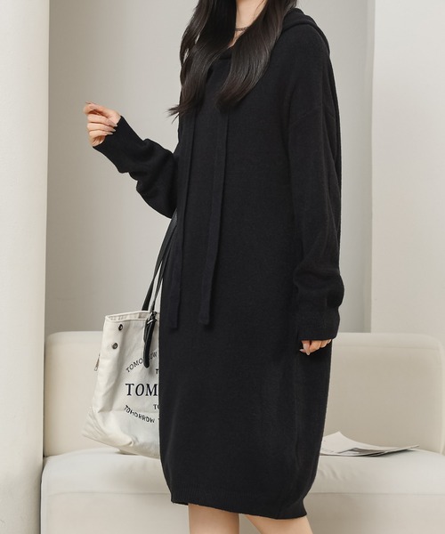 Lace Ladies(レースレディース)の「ソリッドカラー フーデット 長袖 ニット ワンピース(ワンピース・レディース・グレー/ブラック・FREE)」の14枚目の写真