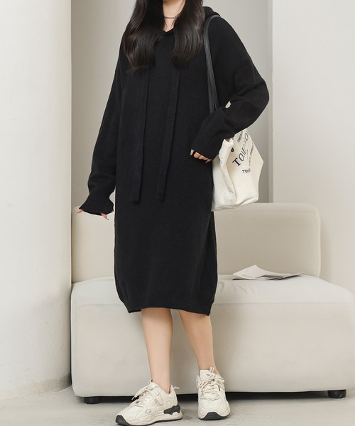 Lace Ladies(レースレディース)の「ソリッドカラー フーデット 長袖 ニット ワンピース(ワンピース・レディース・グレー/ブラック・FREE)」の15枚目の写真