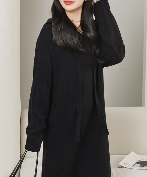 Lace Ladies(レースレディース)の「ソリッドカラー フーデット 長袖 ニット ワンピース(ワンピース・レディース・グレー/ブラック・FREE)」の16枚目の写真