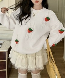 可愛いイチゴ柄 フリンジニットプルオーバー