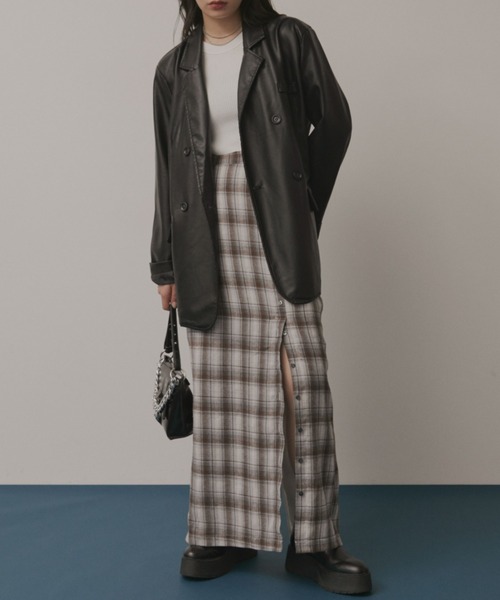 Solace（ソレイス）の「フロントボタンチェックロングナロースカート/セットアップ対応（スカート・レディース・ブラック/ブラウン・FREE）」の3枚目の写真