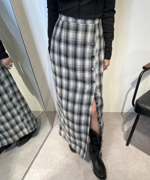 セール】フロントボタンチェックロングナロースカート/セットアップ  