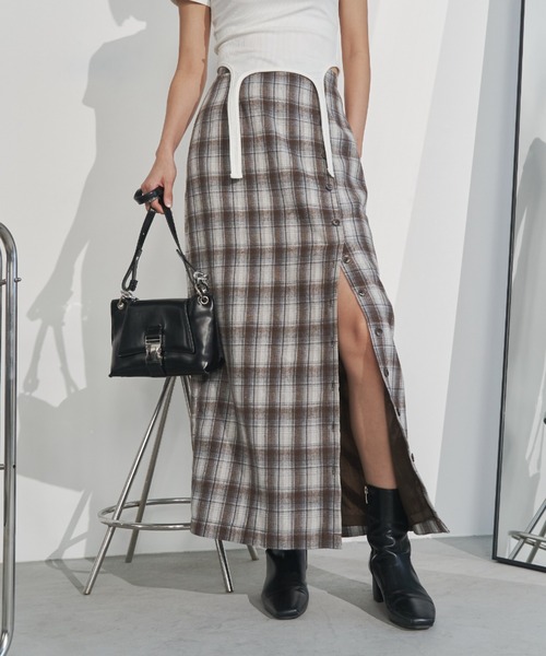 セール】フロントボタンチェックロングナロースカート/セットアップ  