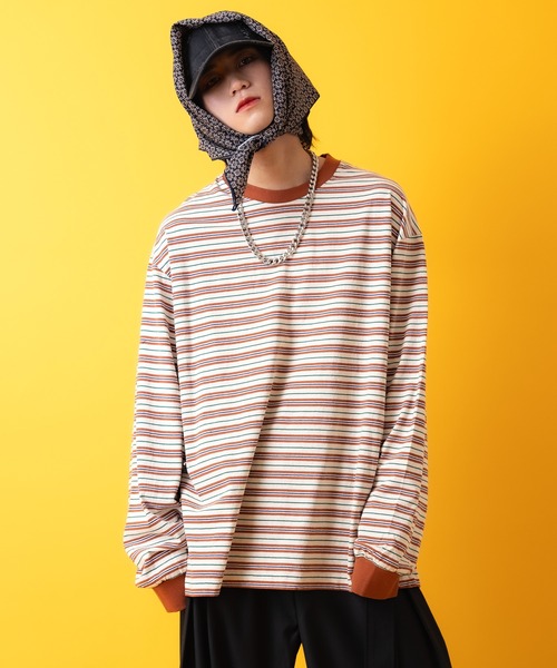 【セール】a.p.o.v. -ankoROCK's select- マルチボーダーオーバーサイズリンガーカットソー / ロングスリーブTシャツ メンズ レディース ユニセックス 長袖 ロンT 柄（Tシャツ/カットソー）｜ankoROCK（アンコロック）