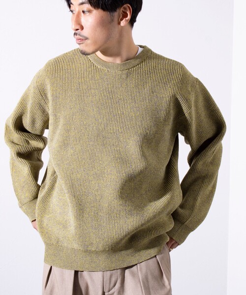 【GLOSTER/グロスター】片畦編み ミックス クルーネックプルオーバー ニット