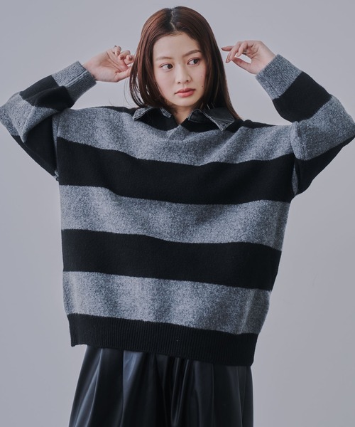 MARK&LONA ボアセーター美品！ ボーダー柄モックネック六分袖ニット/洗える(ニット・セーター