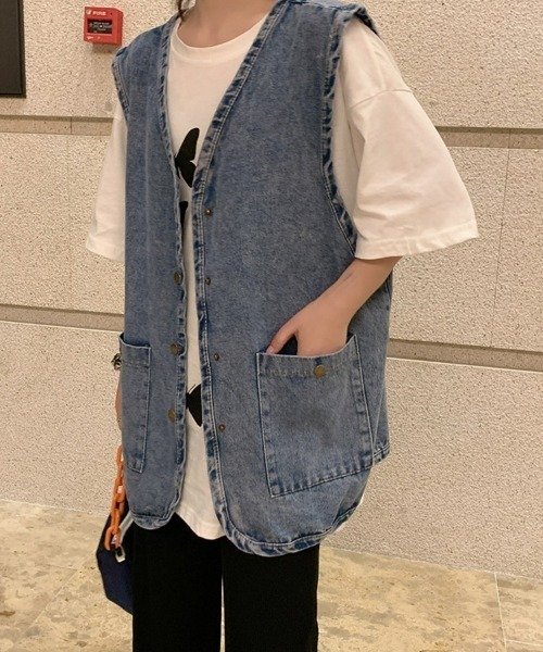 SEU(エスイーユー)の「オーバーサイズデニムジレ デニムベスト ビッグシルエット 重ね着(ベスト・レディース・ブルー/ブラック・フリー)」の5枚目の写真