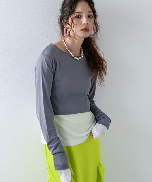 bohmal（ボマール）の「クロップドシアーロンT【大きいサイズ有り】（Tシャツ/カットソー・レディース・ホワイト/ブラック/ブルー/グレー/ピンク/ライム・M～Ｌ/LL～3L）」の3枚目の写真