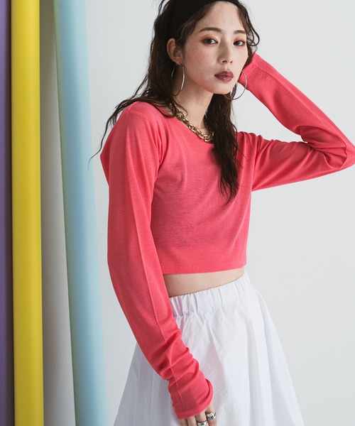 bohmal（ボマール）の「クロップドシアーロンT【大きいサイズ有り】（Tシャツ/カットソー・レディース・ホワイト/ブラック/ブルー/グレー/ピンク/ライム・M～Ｌ/LL～3L）」の6枚目の写真