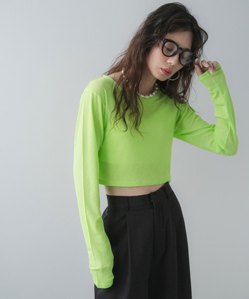 bohmal（ボマール）の「クロップドシアーロンT【大きいサイズ有り】（Tシャツ/カットソー・レディース・ホワイト/ブラック/ブルー/グレー/ピンク/ライム・M～Ｌ/LL～3L）」の4枚目の写真