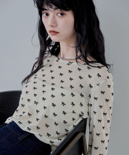シアーリボンフロッキートップス（Tシャツ/カットソー）｜etoll