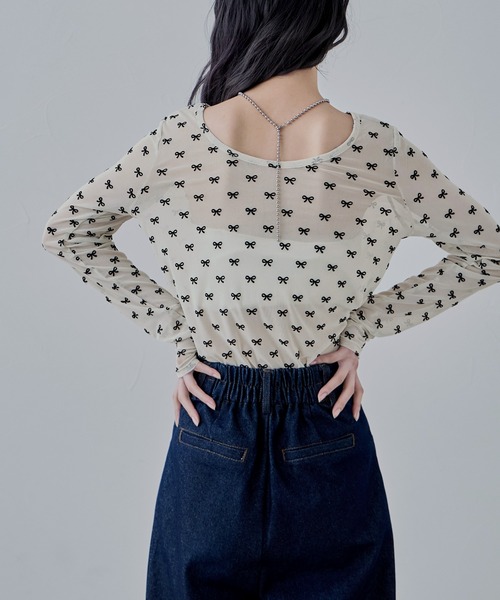 【新品・タグ付き未使用】フロッキープリント ロゴ シアー リボン付き トップス シアーリボンフロッキートップス（Tシャツ/カットソー）｜etoll