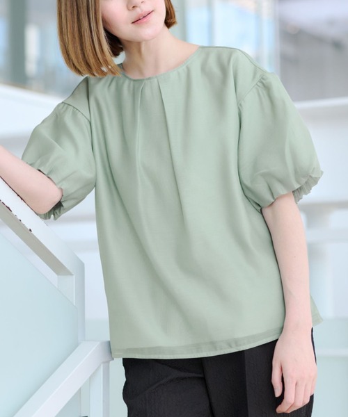 AOYAMA(アオヤマ)の「【自宅で洗える】旬トップス!パフスリーブシアーブラウス5分袖/ブラック/グリーン|通勤&オフィス&入卒&セレモニー&オケージョン|(シャツ/ブラウス・レディース・ブラック/グリーン/ホワイト・LL/S/M/L)」の3枚目の写真