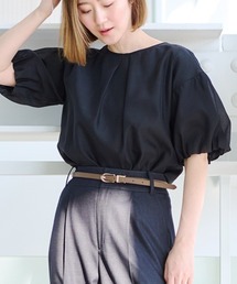 【自宅で洗える】旬トップス!パフスリーブシアーブラウス5分袖/ブラック/グリーン|通勤&オフィス&入卒&セレモニー&オケージョン|