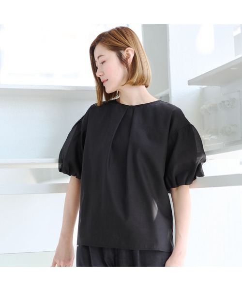 AOYAMA(アオヤマ)の「【自宅で洗える】旬トップス!パフスリーブシアーブラウス5分袖/ブラック/グリーン|通勤&オフィス&入卒&セレモニー&オケージョン|(シャツ/ブラウス・レディース・ブラック/グリーン/ホワイト・LL/S/M/L)」の5枚目の写真