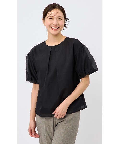 AOYAMA(アオヤマ)の「【自宅で洗える】旬トップス!パフスリーブシアーブラウス5分袖/ブラック/グリーン|通勤&オフィス&入卒&セレモニー&オケージョン|(シャツ/ブラウス・レディース・ブラック/グリーン/ホワイト・LL/S/M/L)」の14枚目の写真