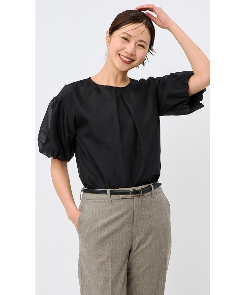 AOYAMA(アオヤマ)の「【自宅で洗える】旬トップス!パフスリーブシアーブラウス5分袖/ブラック/グリーン|通勤&オフィス&入卒&セレモニー&オケージョン|(シャツ/ブラウス・レディース・ブラック/グリーン/ホワイト・LL/S/M/L)」の15枚目の写真