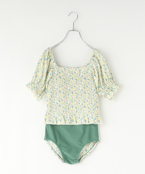 LOWRYS FARM（ローリーズファーム）の「【140-150サイズ】シャーリングパフＳＷＩＭ　323897（水着・キッズ・グリーン/ピンク/ブラック・140cm/150cm）」の2枚目の写真