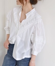 quaranciel:〈洗濯機可能〉コットン レース ライン フリル パフスリーブ ブラウス