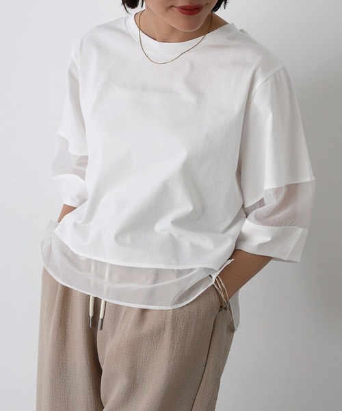 Floran（フローラン）の「オーガンジーランタンスリーブトップス（Tシャツ/カットソー・レディース・ブラック/グレイッシュベージュ/オフホワイト・MEDIUM）」の4枚目の写真