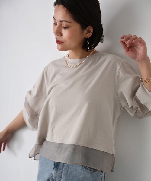 Floran（フローラン）の「オーガンジーランタンスリーブトップス（Tシャツ/カットソー・レディース・ブラック/グレイッシュベージュ/オフホワイト・MEDIUM）」の7枚目の写真