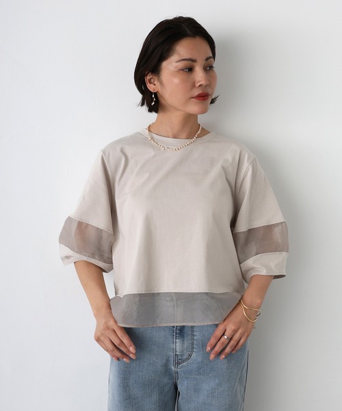 Floran（フローラン）の「オーガンジーランタンスリーブトップス（Tシャツ/カットソー・レディース・ブラック/グレイッシュベージュ/オフホワイト・MEDIUM）」の5枚目の写真