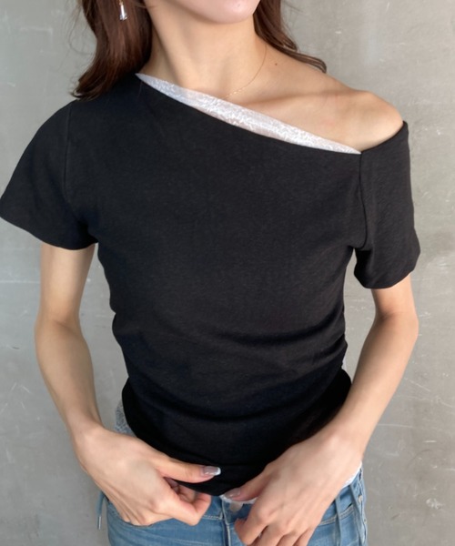 tolene(トレネ)の「ネックデザインレース使いフェイクレイヤードワンショルダー半袖T(タンクトップ・レディース・ホワイト/ブラック・FREE)」の2枚目の写真
