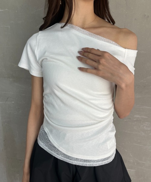 tolene(トレネ)の「ネックデザインレース使いフェイクレイヤードワンショルダー半袖T(タンクトップ・レディース・ホワイト/ブラック・FREE)」の5枚目の写真