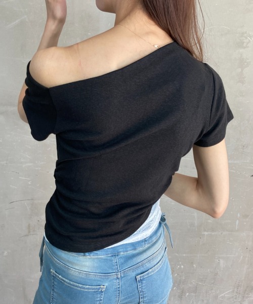 tolene(トレネ)の「ネックデザインレース使いフェイクレイヤードワンショルダー半袖T(タンクトップ・レディース・ホワイト/ブラック・FREE)」の15枚目の写真
