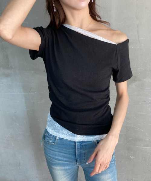 tolene(トレネ)の「ネックデザインレース使いフェイクレイヤードワンショルダー半袖T(タンクトップ・レディース・ホワイト/ブラック・FREE)」の9枚目の写真