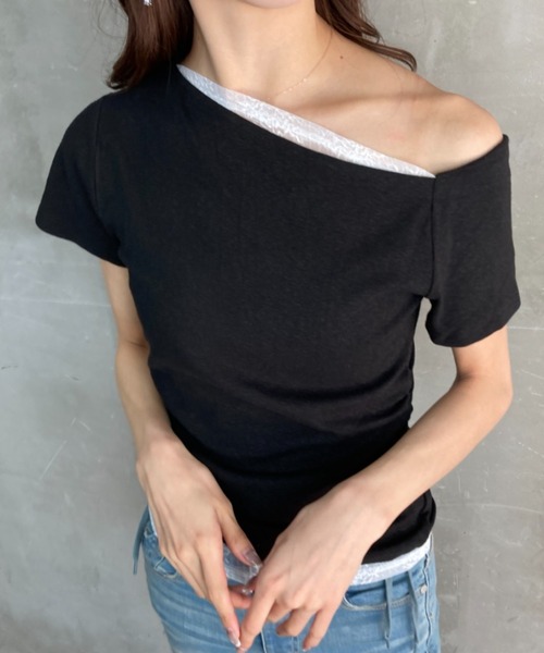 tolene(トレネ)の「ネックデザインレース使いフェイクレイヤードワンショルダー半袖T(タンクトップ・レディース・ホワイト/ブラック・FREE)」の10枚目の写真