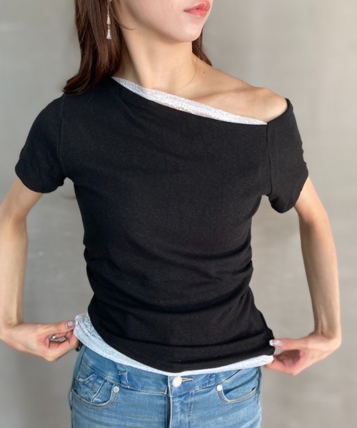 tolene(トレネ)の「ネックデザインレース使いフェイクレイヤードワンショルダー半袖T(タンクトップ・レディース・ホワイト/ブラック・FREE)」の11枚目の写真