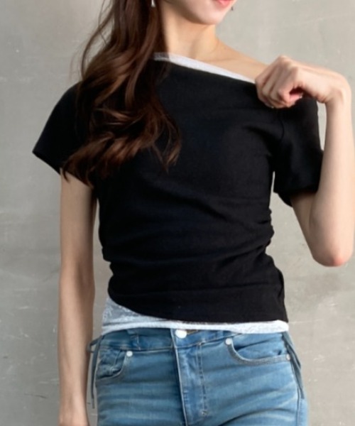 tolene(トレネ)の「ネックデザインレース使いフェイクレイヤードワンショルダー半袖T(タンクトップ・レディース・ホワイト/ブラック・FREE)」の14枚目の写真