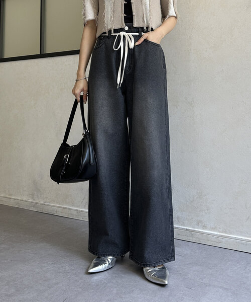 Thevon(ゼボン)の「ウエストリボンワイドデニム(その他パンツ・レディース・ベージュ/ブラック・S/M)」の3枚目の写真