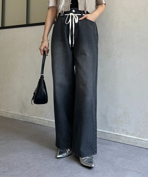 Thevon(ゼボン)の「ウエストリボンワイドデニム(その他パンツ・レディース・ベージュ/ブラック・S/M)」の6枚目の写真