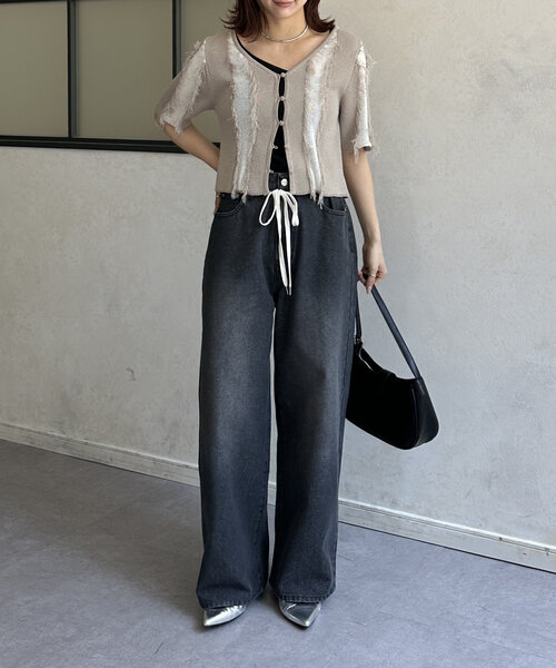 Thevon(ゼボン)の「ウエストリボンワイドデニム(その他パンツ・レディース・ベージュ/ブラック・S/M)」の7枚目の写真