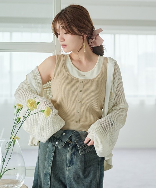 mideal(マイディール)の「layered design tank top / レイヤードデザインタンクトップ(タンクトップ・レディース・ピンク/ベージュ・FREE)」の2枚目の写真