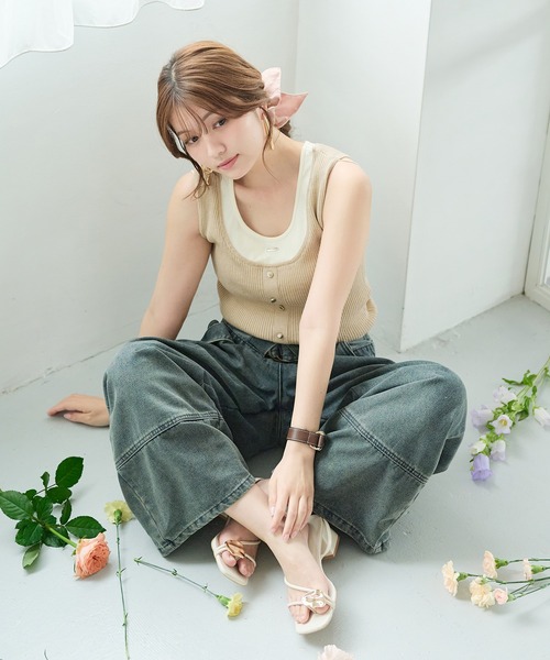 mideal(マイディール)の「layered design tank top / レイヤードデザインタンクトップ(タンクトップ・レディース・ピンク/ベージュ・FREE)」の6枚目の写真