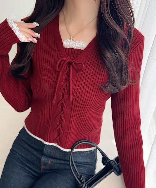 mily bilet（ミウィビレット）の「【mily bilet】レースアップで魅せる、大人フェミニン。袖レース使いリボンデザインリブニットプルオーバー（ニット/セーター・レディース・バーガンディー/グレー/アイボリー/ブラック/ブラウン/ブルー・X-LARGE/SMALL/MEDIUM/LARGE）」の6枚目の写真