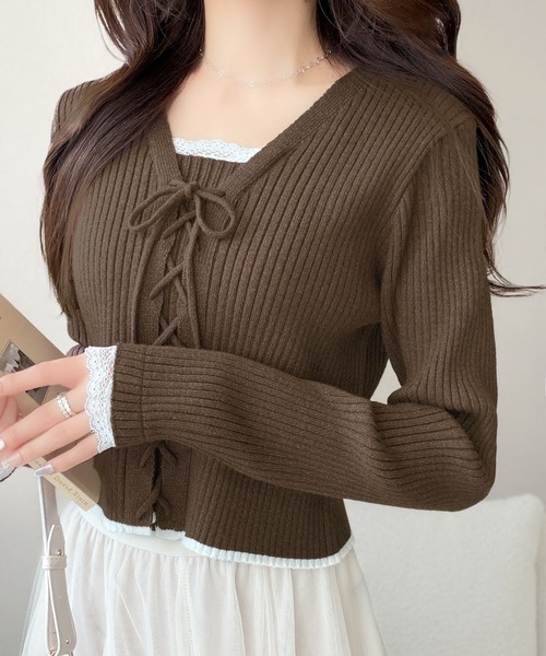 mily bilet（ミウィビレット）の「【mily bilet】レースアップで魅せる、大人フェミニン。袖レース使いリボンデザインリブニットプルオーバー（ニット/セーター・レディース・バーガンディー/グレー/アイボリー/ブラック/ブラウン/ブルー・X-LARGE/SMALL/MEDIUM/LARGE）」の7枚目の写真