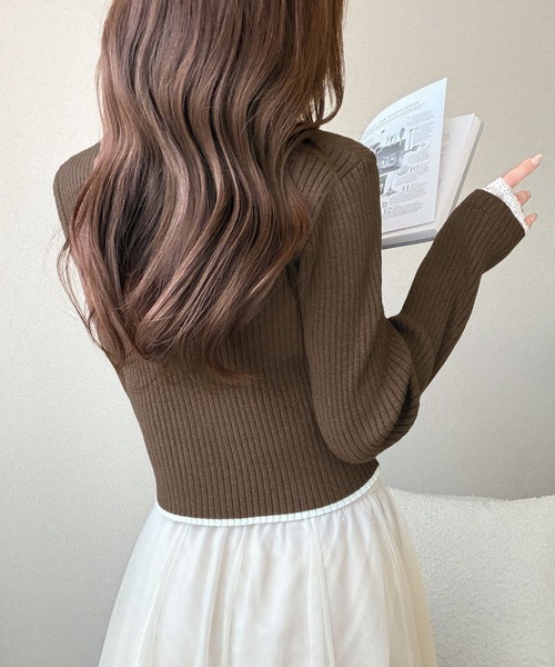 mily bilet（ミウィビレット）の「【mily bilet】レースアップで魅せる、大人フェミニン。袖レース使いリボンデザインリブニットプルオーバー（ニット/セーター・レディース・バーガンディー/グレー/アイボリー/ブラック/ブラウン/ブルー・X-LARGE/SMALL/MEDIUM/LARGE）」の13枚目の写真