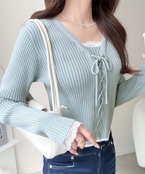 mily bilet（ミウィビレット）の「【mily bilet】レースアップで魅せる、大人フェミニン。袖レース使いリボンデザインリブニットプルオーバー（ニット/セーター・レディース・バーガンディー/グレー/アイボリー/ブラック/ブラウン/ブルー・X-LARGE/SMALL/MEDIUM/LARGE）」の14枚目の写真