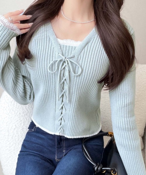mily bilet（ミウィビレット）の「【mily bilet】レースアップで魅せる、大人フェミニン。袖レース使いリボンデザインリブニットプルオーバー（ニット/セーター・レディース・バーガンディー/グレー/アイボリー/ブラック/ブラウン/ブルー・X-LARGE/SMALL/MEDIUM/LARGE）」の15枚目の写真