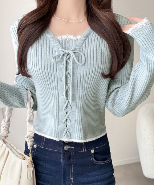 mily bilet（ミウィビレット）の「【mily bilet】レースアップで魅せる、大人フェミニン。袖レース使いリボンデザインリブニットプルオーバー（ニット/セーター・レディース・バーガンディー/グレー/アイボリー/ブラック/ブラウン/ブルー・X-LARGE/SMALL/MEDIUM/LARGE）」の17枚目の写真