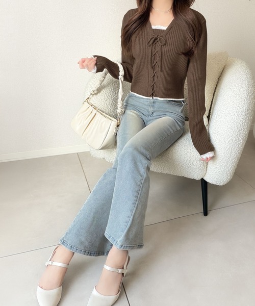 mily bilet（ミウィビレット）の「【mily bilet】レースアップで魅せる、大人フェミニン。袖レース使いリボンデザインリブニットプルオーバー（ニット/セーター・レディース・バーガンディー/グレー/アイボリー/ブラック/ブラウン/ブルー・X-LARGE/SMALL/MEDIUM/LARGE）」の11枚目の写真